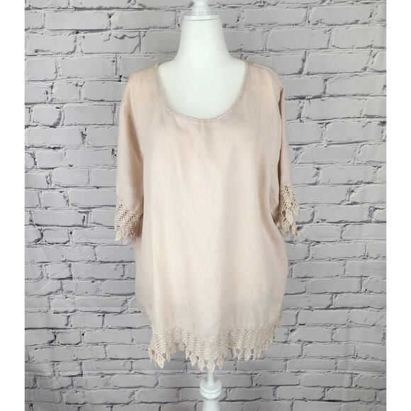 Lungo L'arno Tops - Lung O L’arno Beige 100% Linen Round Neck Top 3/4 Sleeves Lace Trimmed Size 3XL